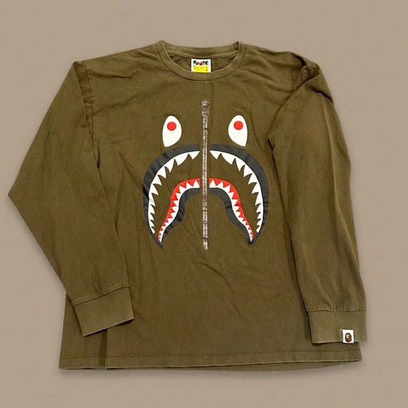 A Bathing Ape Other - A Bathing Ape BAPE Shark Face Long Sleeve T-Shirt Olive Green Mens Size Large